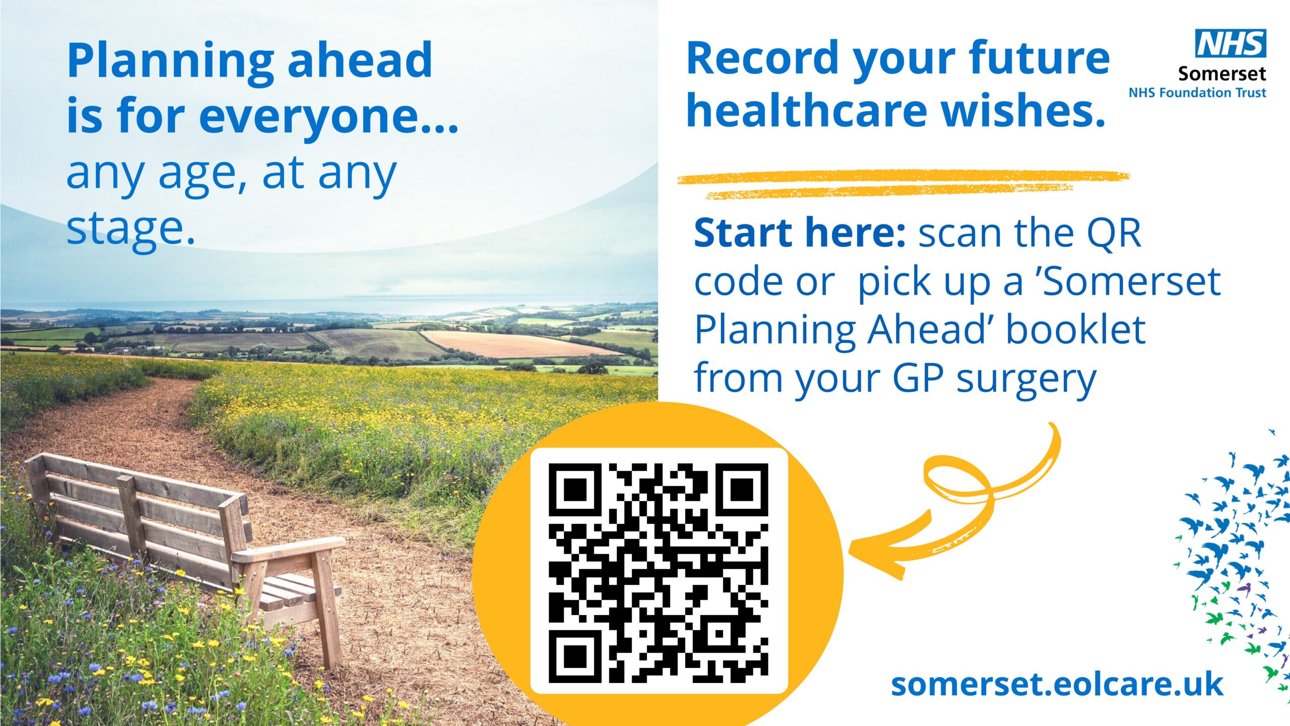 Poster information in body of text, image of a bench on a countryside hill